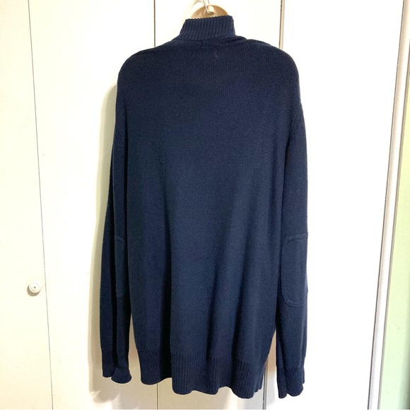 Grandpa Slouchy Cardigan Sweater John Bartlett Navy Blue Cotton  Patched Elbows - Picture 8 of 15